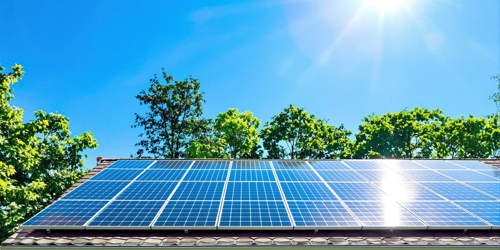 Rooftop solar panels under bright sun and blue sky