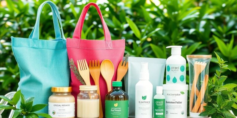Eco-friendly products arranged on a natural green background.