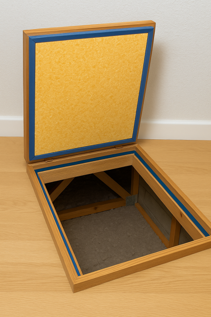 DIY loft hatch insulation using rigid board and draught tape.