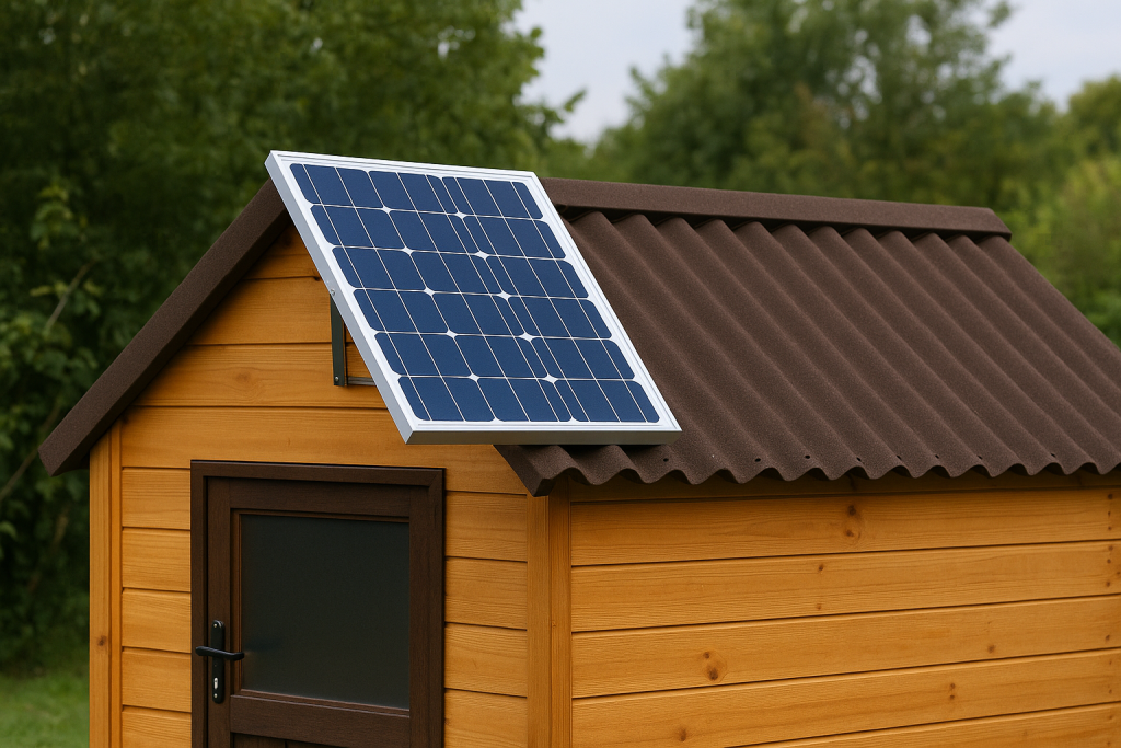 DIY solar kit powering a garden shed.